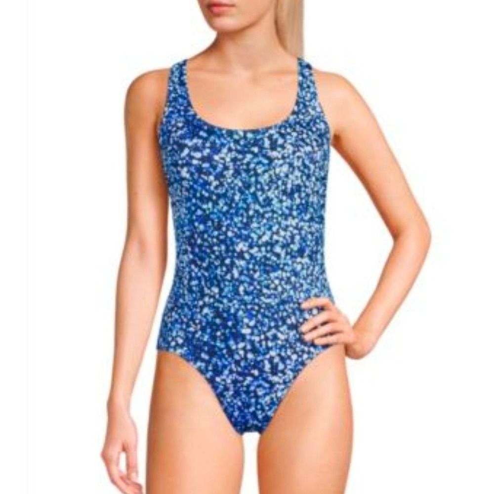 Lands End Blue Pebble Print One Piece Swimsuit V-Neck Cross Back Women's Sz 16